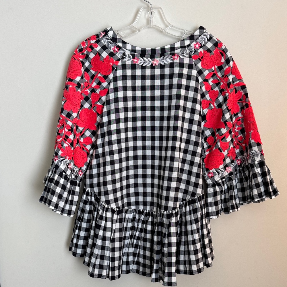 Black and White Checkered Top with Red Floral Embroidered Accents - Picture 2 of 6